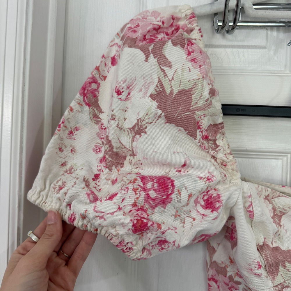 For Love & Lemons Pink Floral Corduroy Puff Sleeve Crop Top XS - Picture 3 of 10